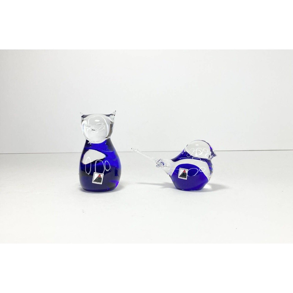 Czech Republic Handblown Art Glass Cobalt Blue Cat & Bird Figurines, 31/2”